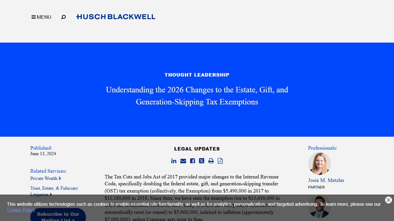 Legal Update | Understanding the 2026 Changes to the Estate, Gift, and Generation-Skipping Tax Exemptions | Husch Blackwell